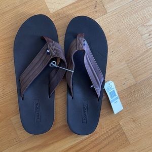 NEVER WORN. Men’s Nautica, Clarkson style brown flip flops. Size 12.